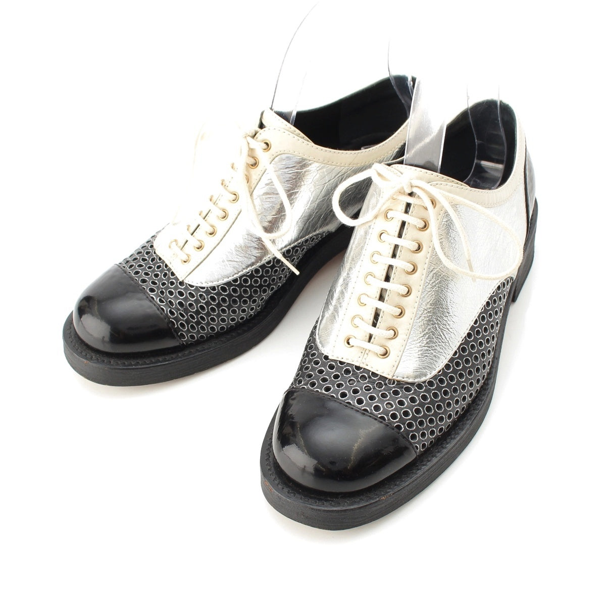 CHANEL leather Perforated design COCO Mark lace-up Dress shoes Oxford shoes G32330 Black Silver 37C