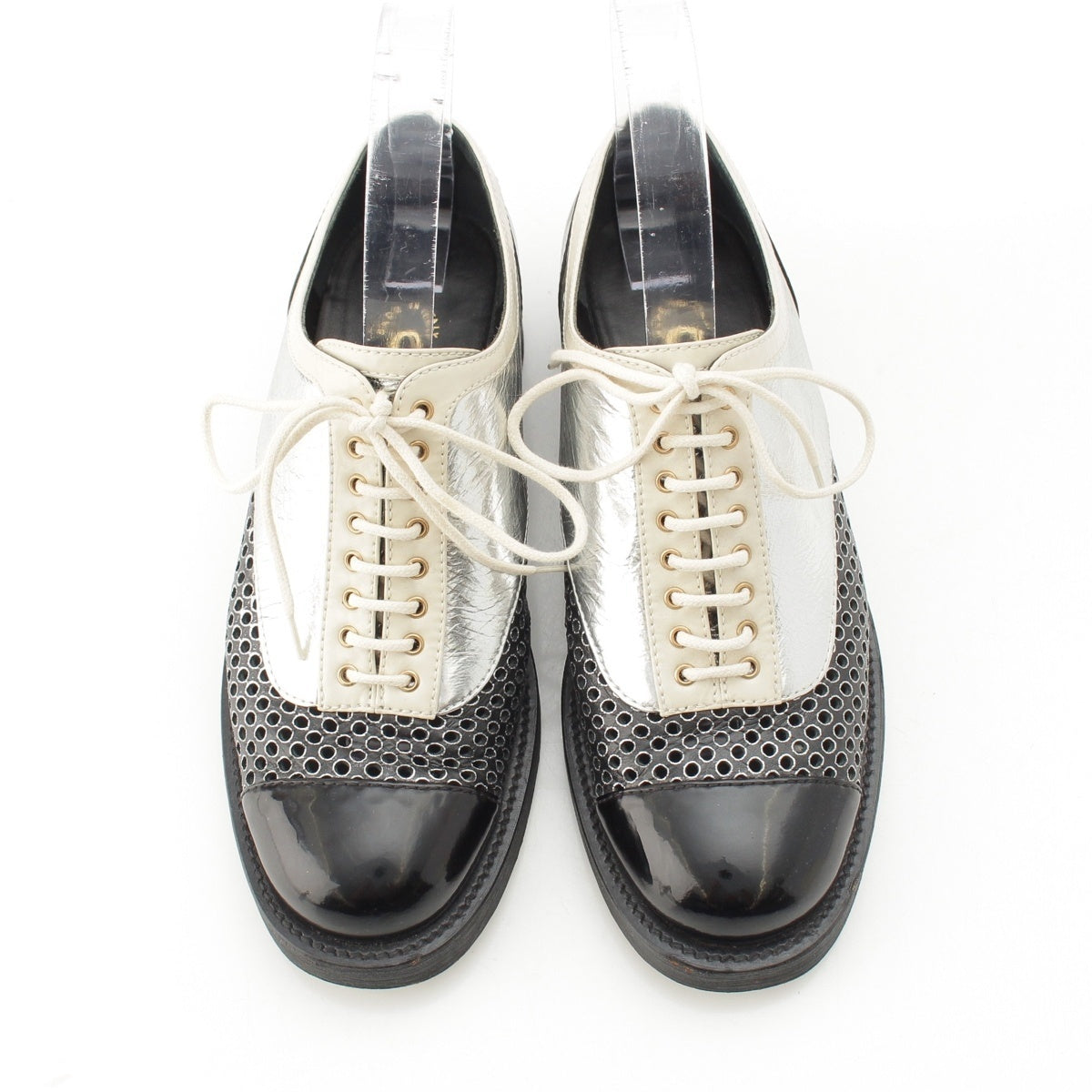 CHANEL leather Perforated design COCO Mark lace-up Dress shoes Oxford shoes G32330 Black Silver 37C