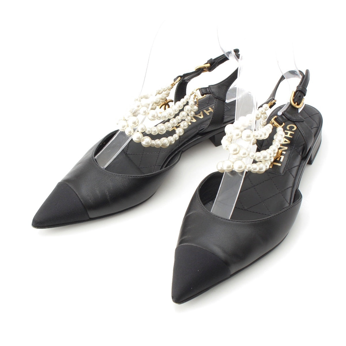CHANEL leather Pearl Strap Sling Bag Flat Mule shoes black 37C