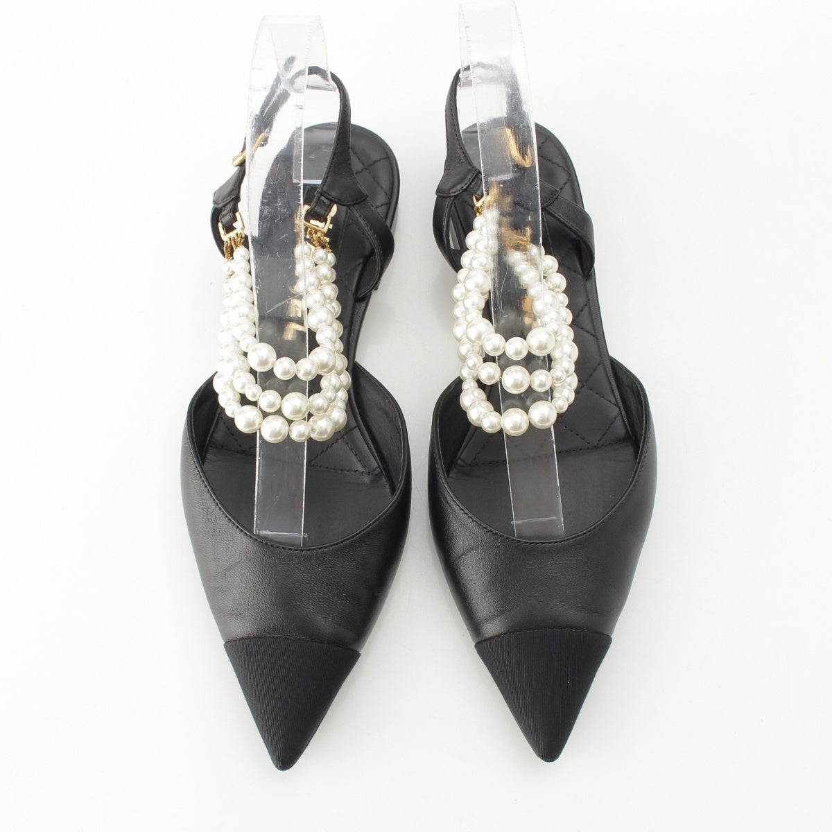 CHANEL leather Pearl Strap Sling Bag Flat Mule shoes black 37C