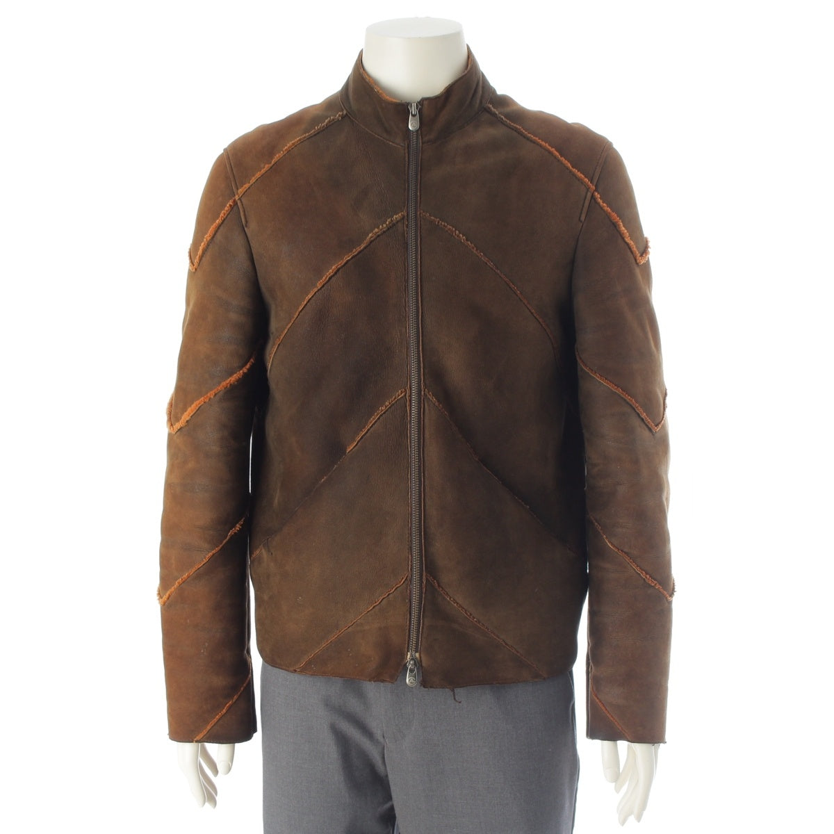 ARMANI COLLEZIONI Sheepskin Mouton Leather Zip Jacket Brown 46