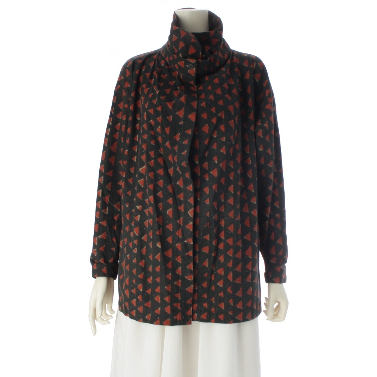 ISSEY MIYAKE cotton Brush-tag, all-over print, dyed shirt, 2-way collar blouse JA13674 Black, Red, Vermilion 9