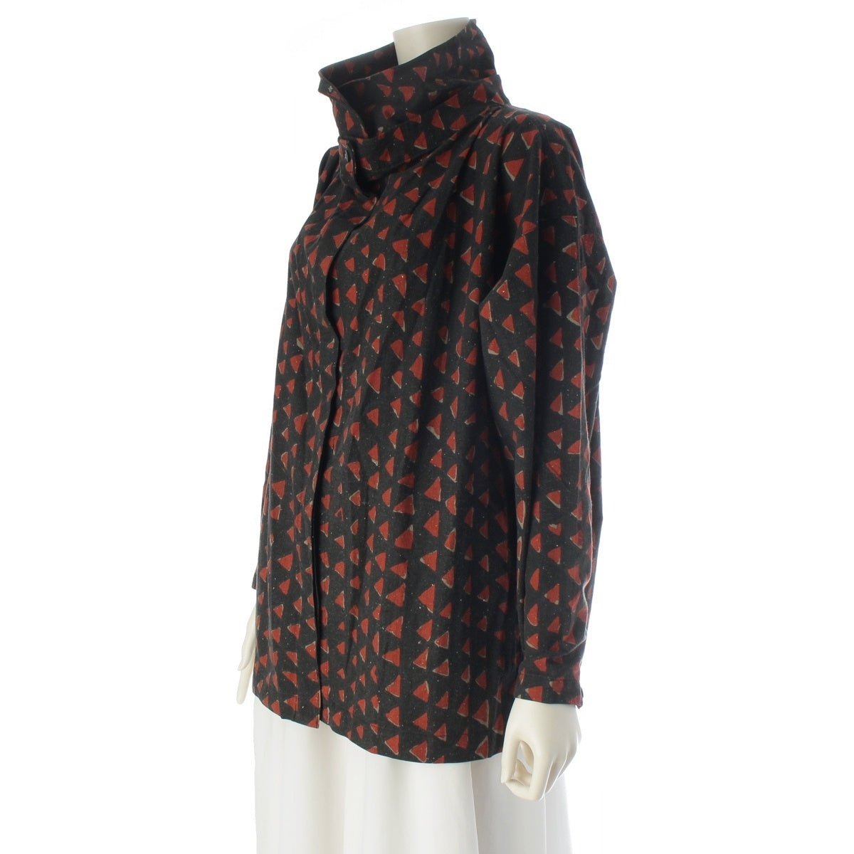 ISSEY MIYAKE cotton Brush-tag, all-over print, dyed shirt, 2-way collar blouse JA13674 Black, Red, Vermilion 9