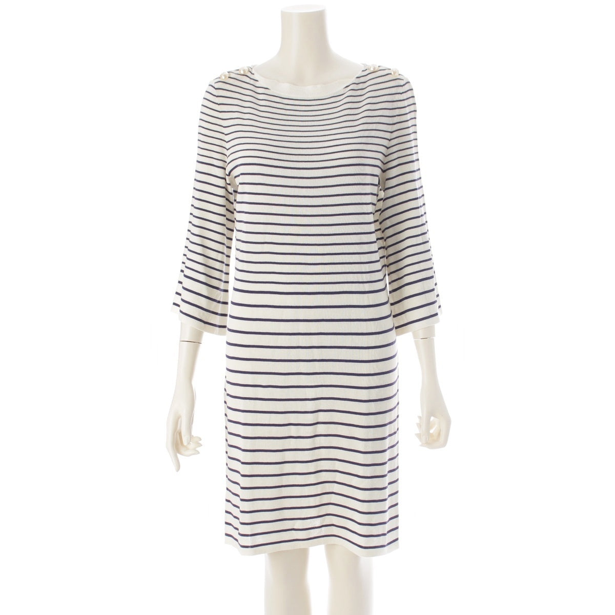 CHANEL cotton Knit three-quarter sleeve top with pearl and striped pattern. one piece tops P56240 Ivory navy 38