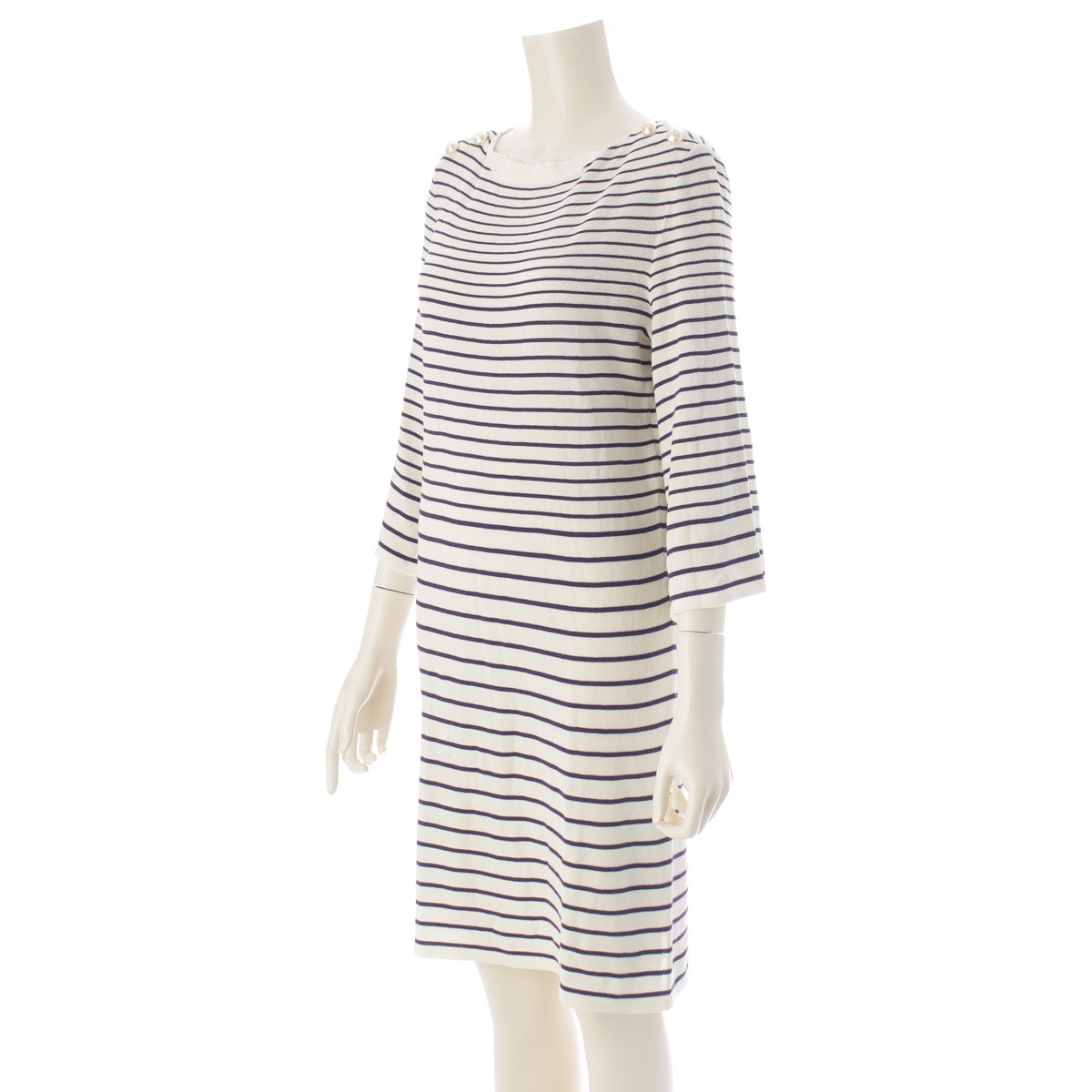 CHANEL cotton Knit three-quarter sleeve top with pearl and striped pattern. one piece tops P56240 Ivory navy 38