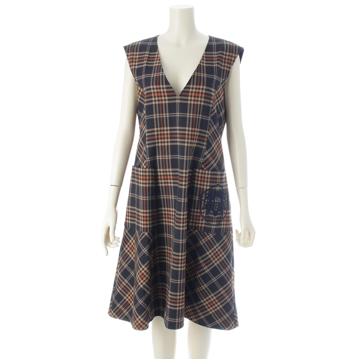 FOXEY NEW YORK Boys Over Flowers (Hana Yori Dango) Collaboration Society Dress Sleeveless embroidered check pattern one piece dress 43819 Navy orange 40