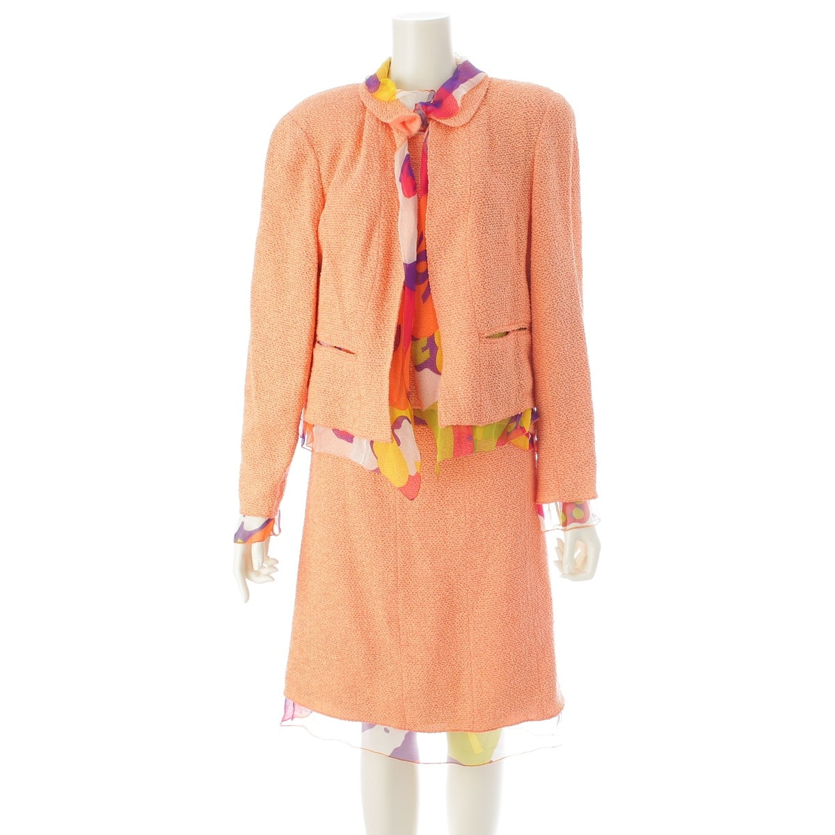 CHANEL ナイロン ウール COCO Mark Tweed Set-up Ensemble 3 piece P15635 Orange 46