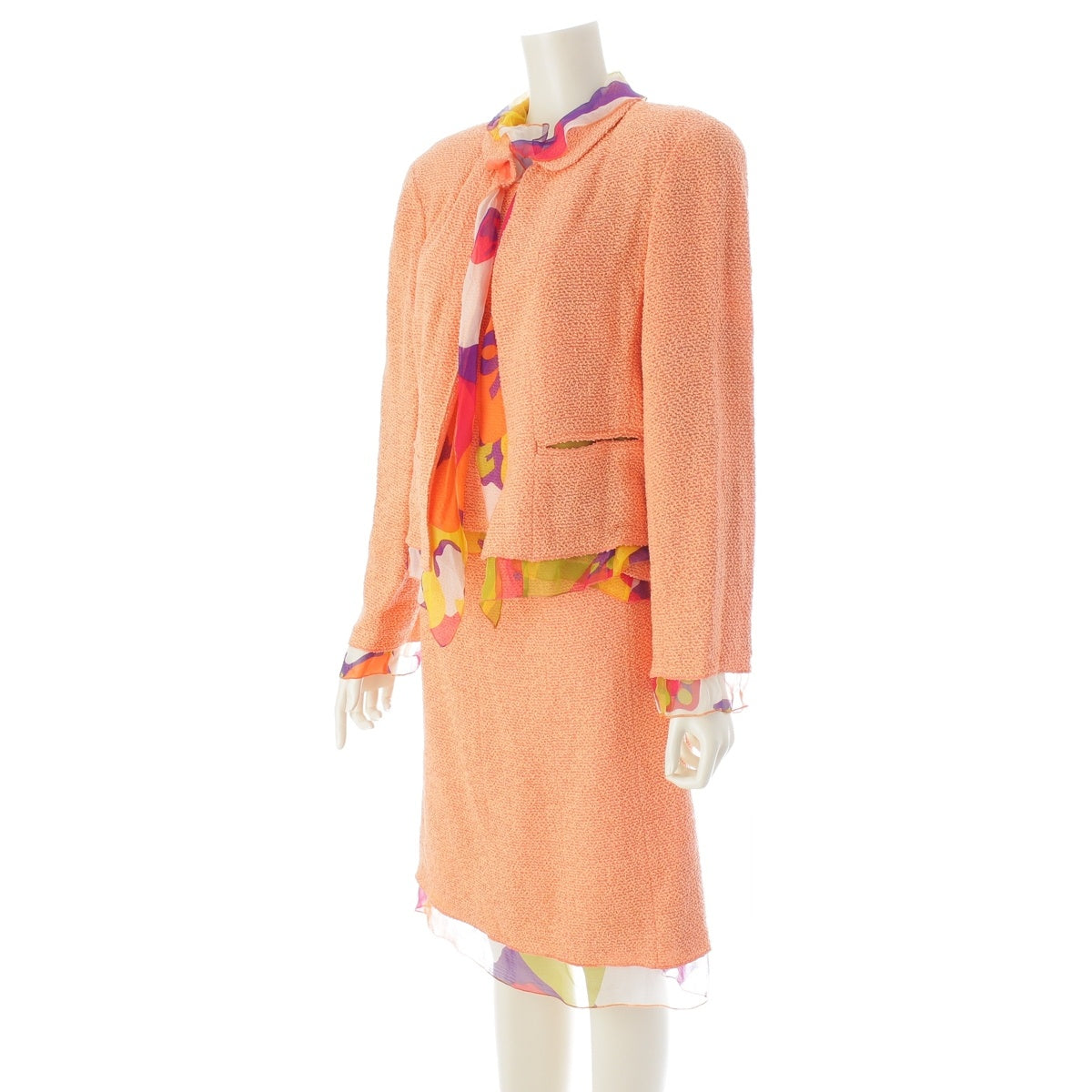 CHANEL ナイロン ウール COCO Mark Tweed Set-up Ensemble 3 piece P15635 Orange 46