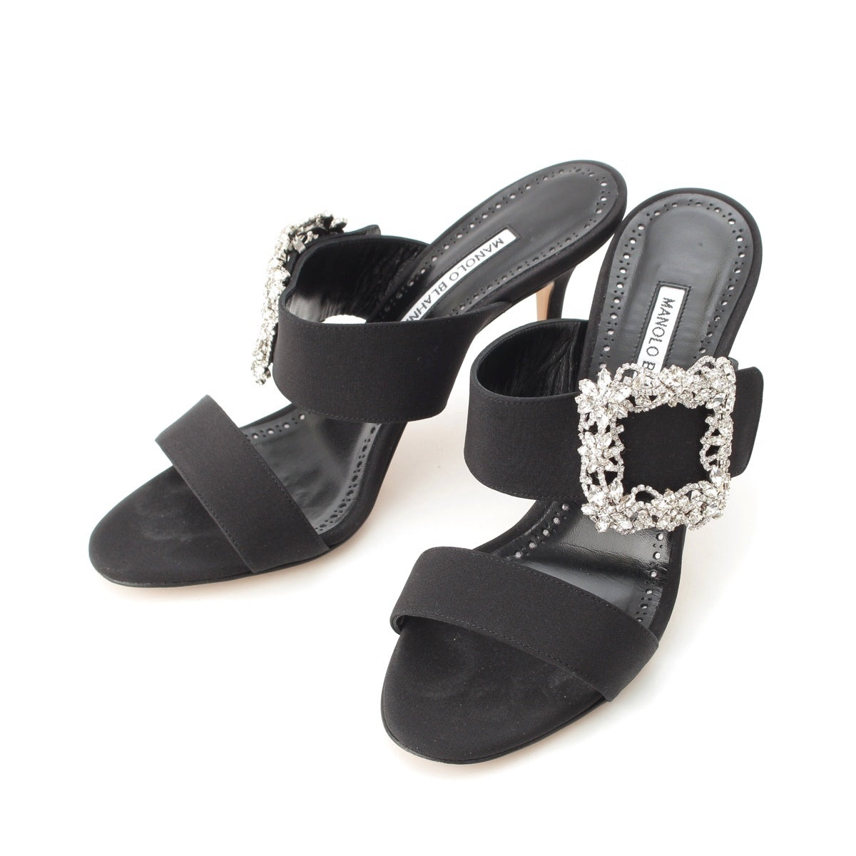 MANOLO BLAHNIK GABLE JEWEL Hangisi Crystal Bijou Buckle Sandals black 38 1/2