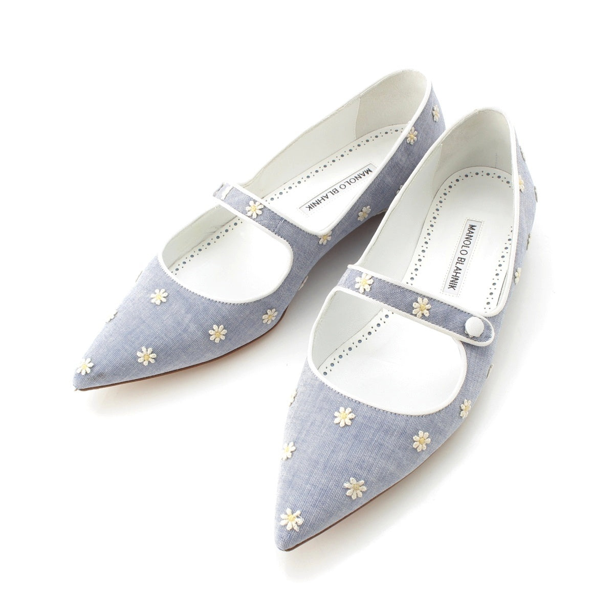 MANOLO BLAHNIK Campari Flat Flower Embroidery Mary Jane shoes blue 38 1/2
