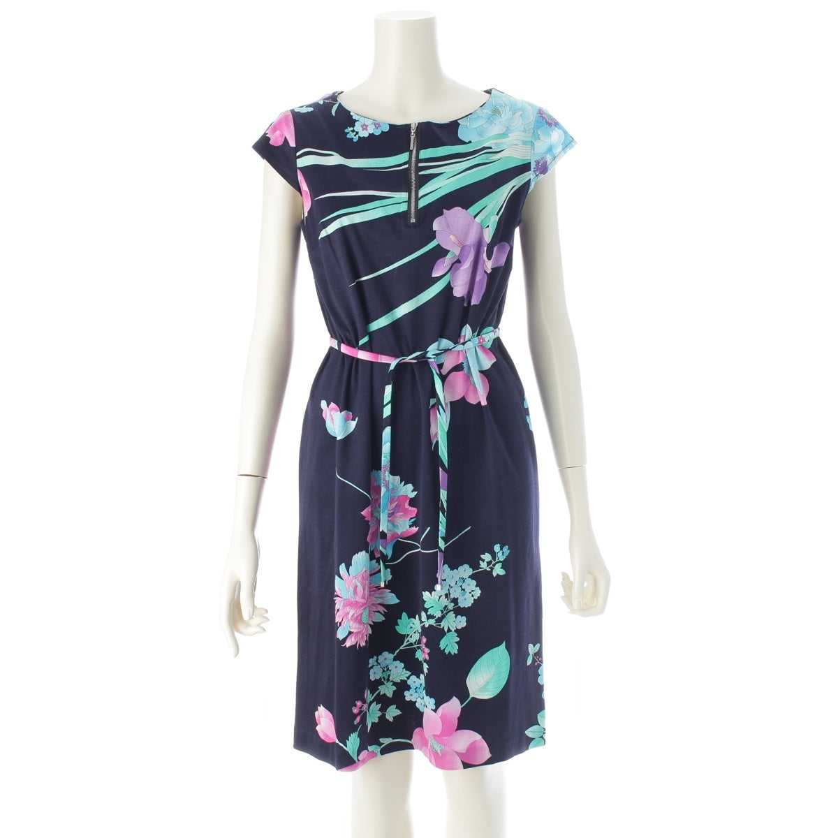 LEONARD cotton Belted floral French sleeve dress one piece dress navy multicolor 38