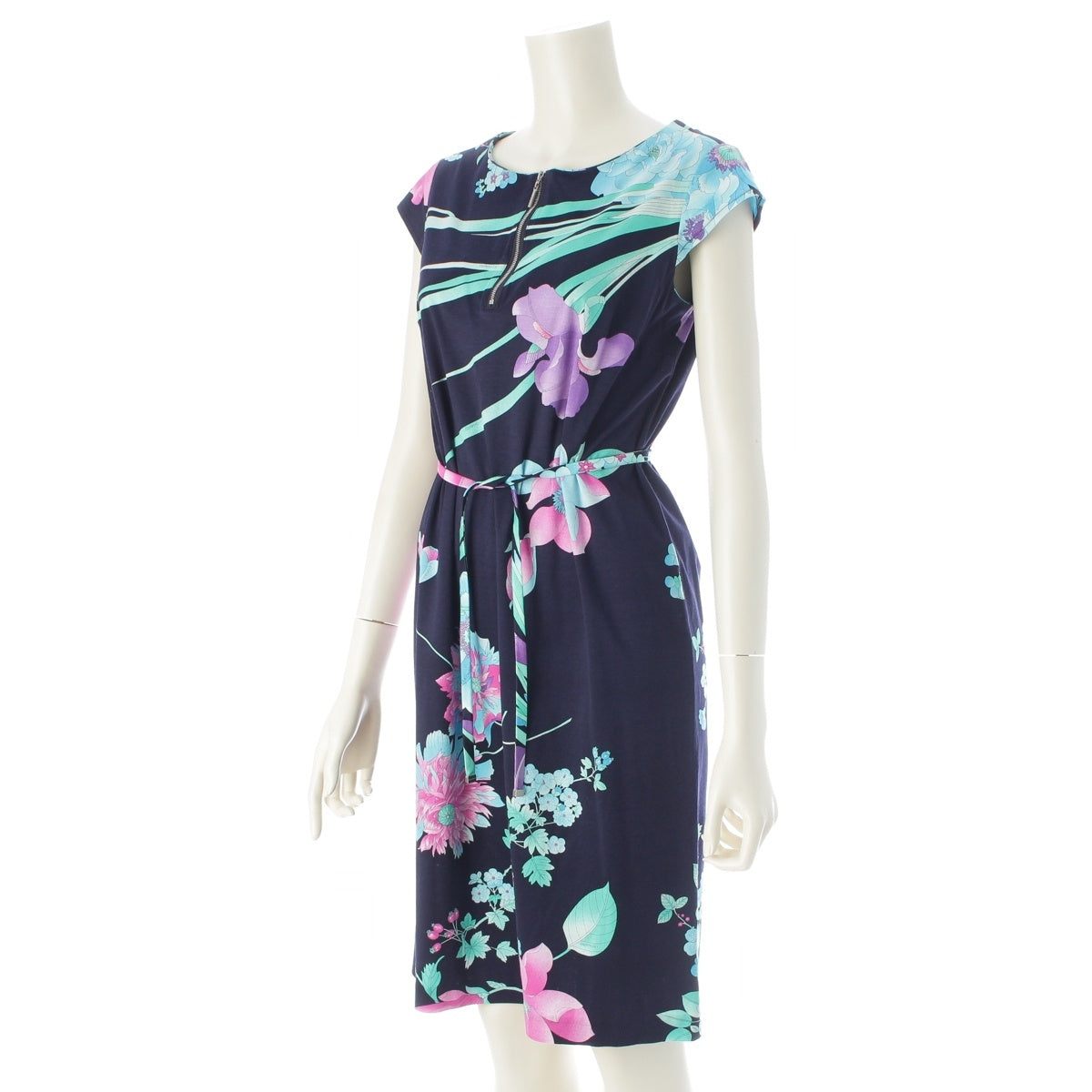 LEONARD cotton Belted floral French sleeve dress one piece dress navy multicolor 38