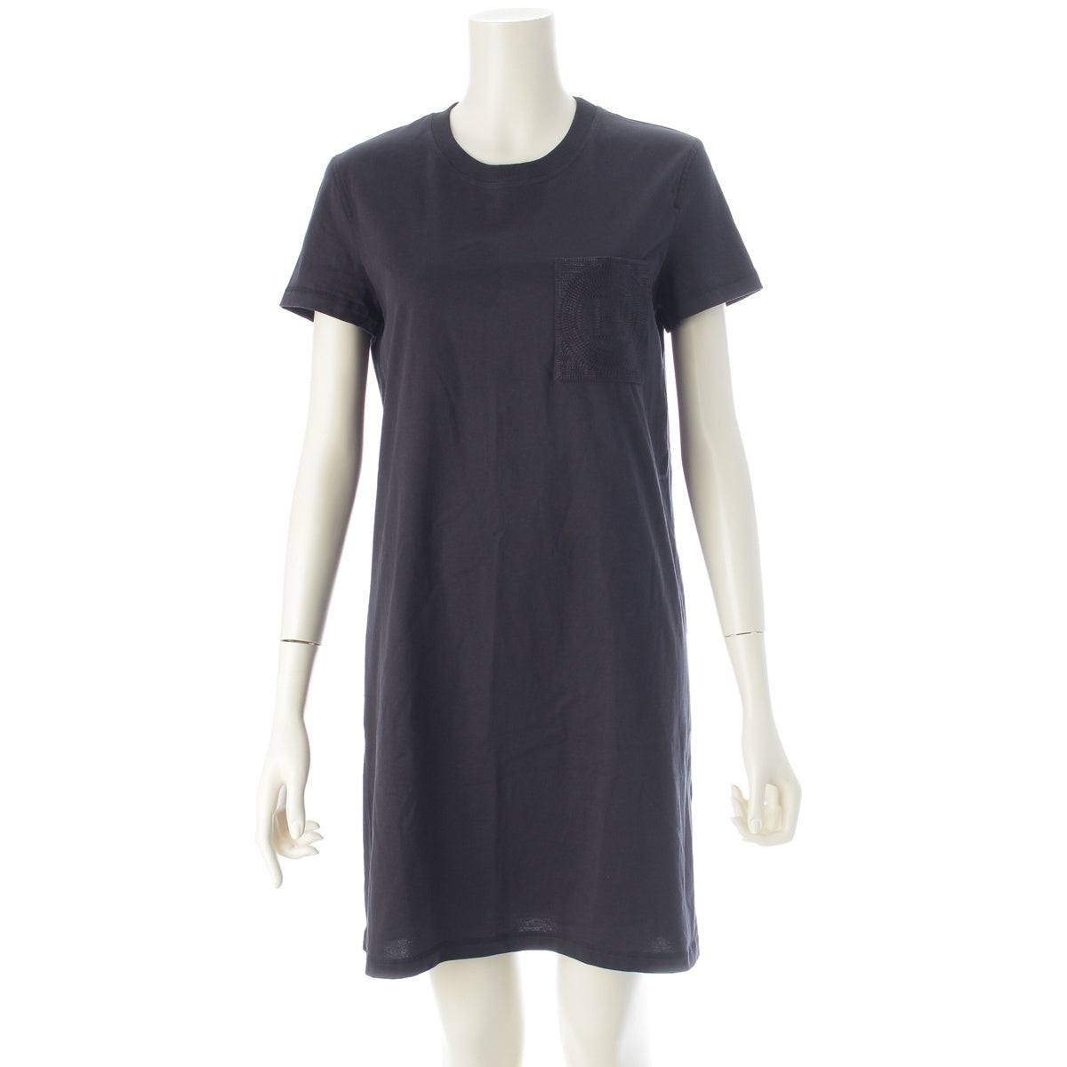 HERMES cotton cut and sewn Embroidered pocket short-sleeved shirt one piece dress 4E4515DA Navy 34