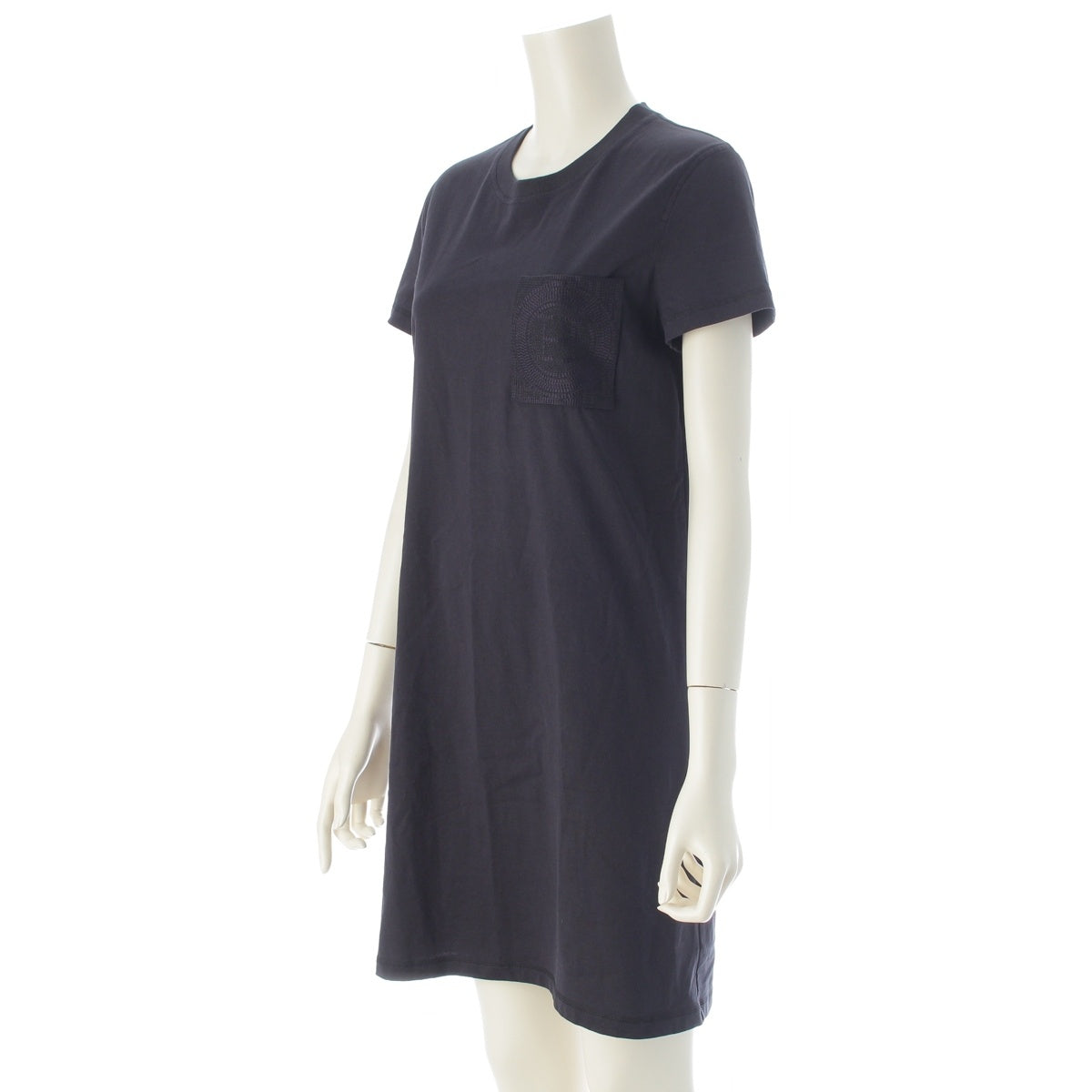 HERMES cotton cut and sewn Embroidered pocket short-sleeved shirt one piece dress 4E4515DA Navy 34