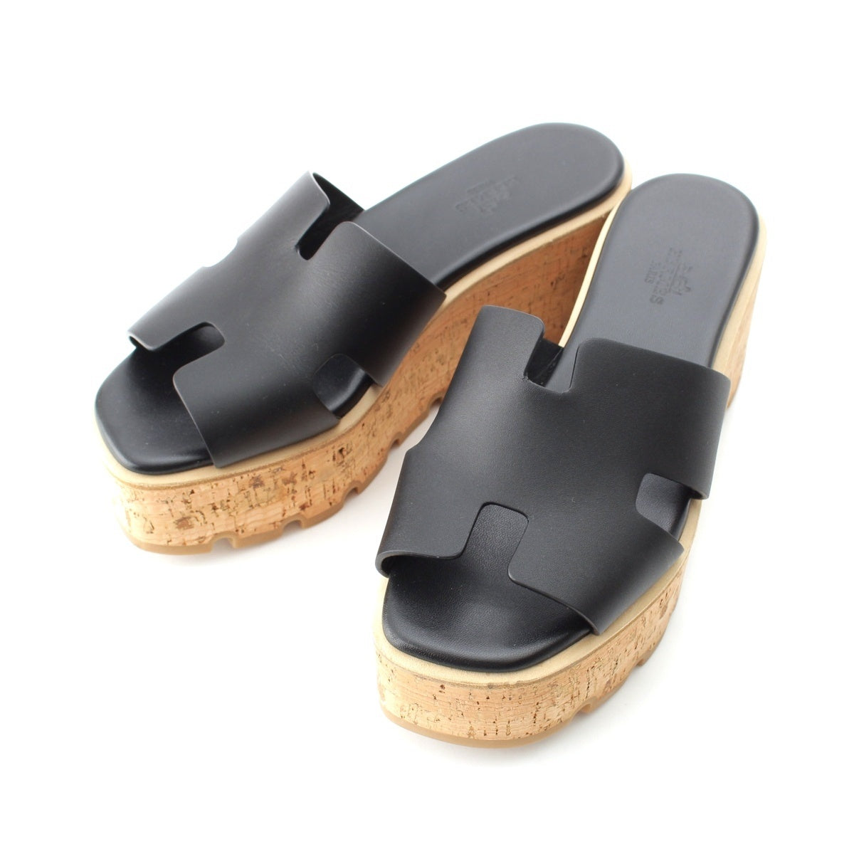 HERMES Leather cork Wedge soles, platform soles Sandals black
