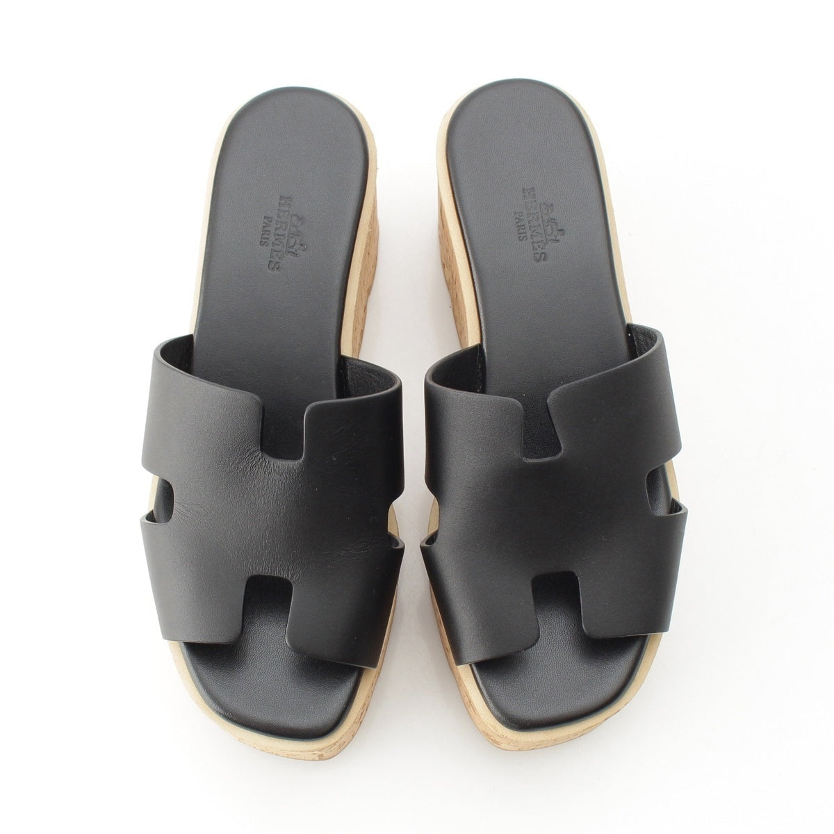 HERMES Leather cork Wedge soles, platform soles Sandals black