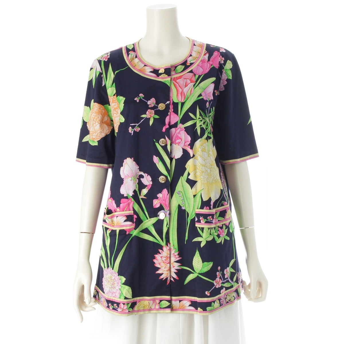 LEONARD cotton Floral short sleeves cardigan 0379112 Navy multi-color L