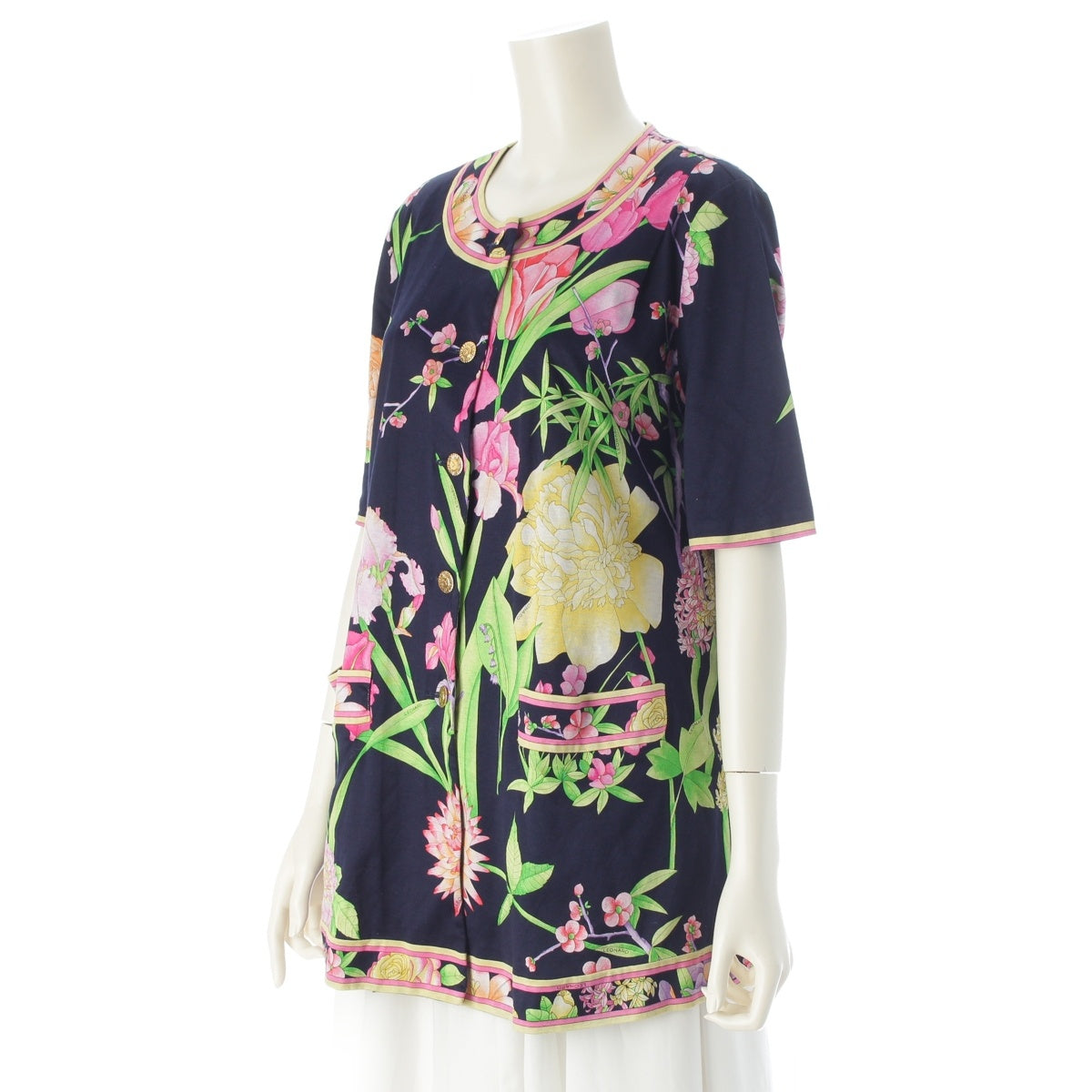 LEONARD cotton Floral short sleeves cardigan 0379112 Navy multi-color L