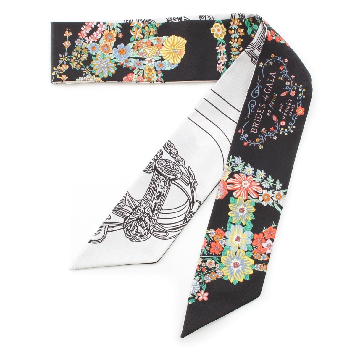 HERMES silk Twilly Brides de Gala en Fleurs scarf Black White Multicolor