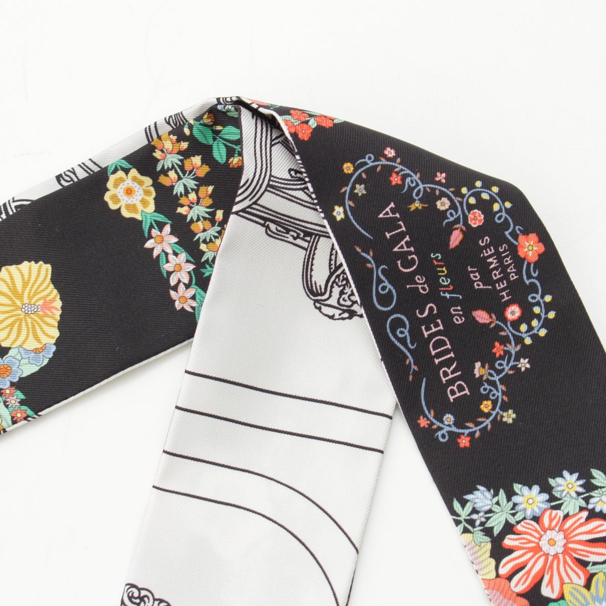 HERMES silk Twilly Brides de Gala en Fleurs scarf Black White Multicolor