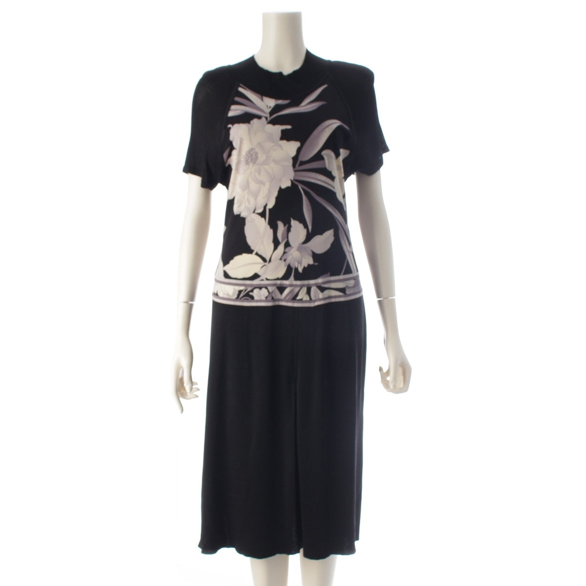 LEONARD Silk blend Knit floral print, color-blocked, short-sleeved, long top one piece dress 0367486 Black series L