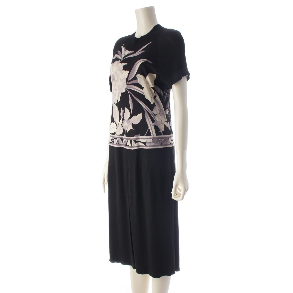 LEONARD Silk blend Knit floral print, color-blocked, short-sleeved, long top one piece dress 0367486 Black series L