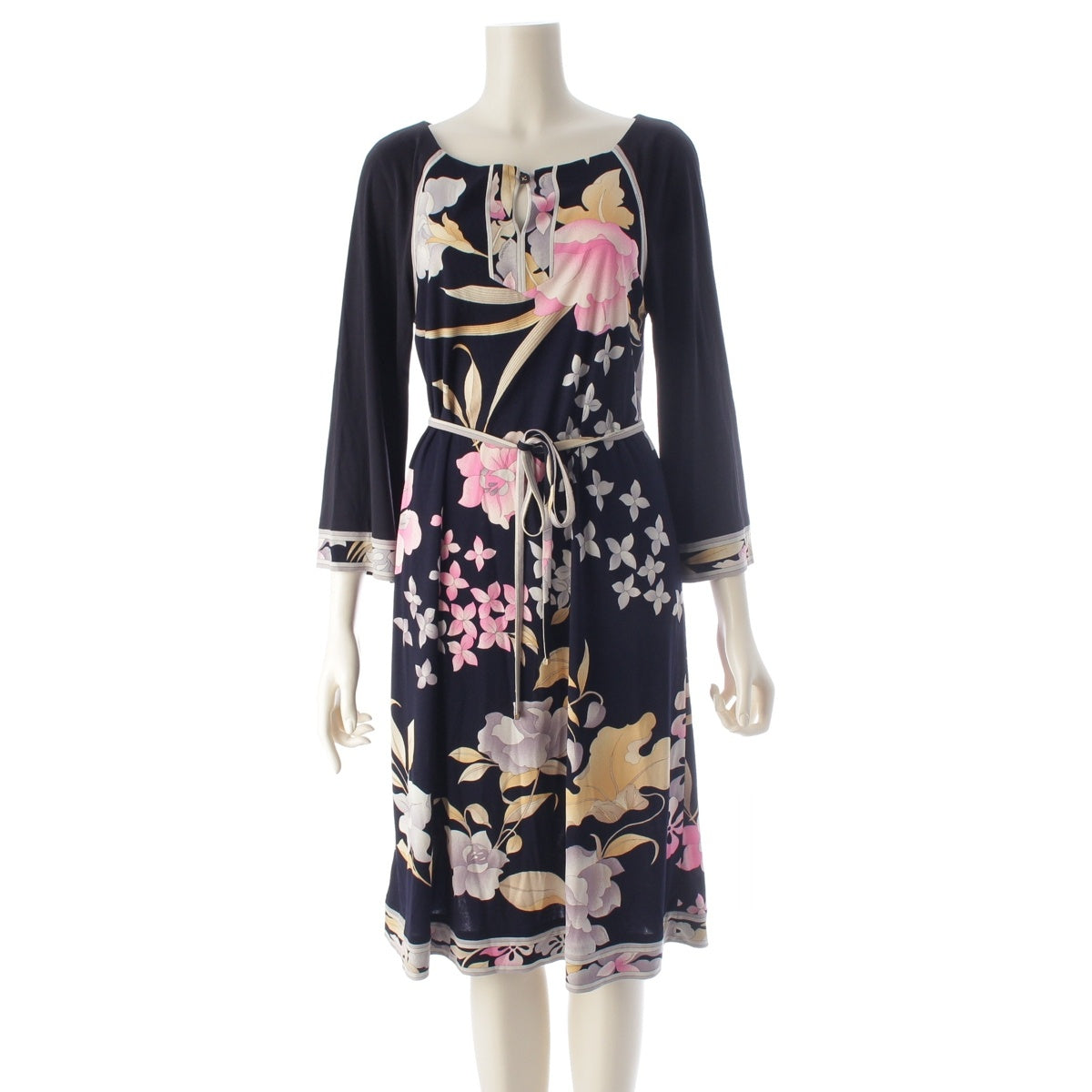 LEONARD Cancan material Floral print belt, long sleeves one piece dress 0120201 Navy, Black, Multicolor M