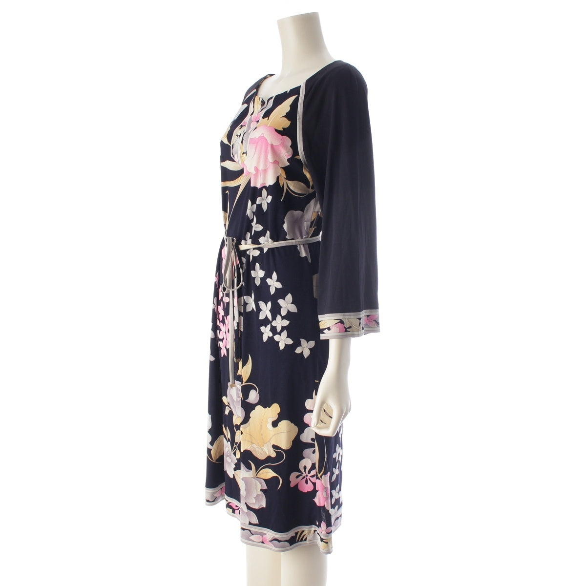LEONARD Cancan material Floral print belt, long sleeves one piece dress 0120201 Navy, Black, Multicolor M