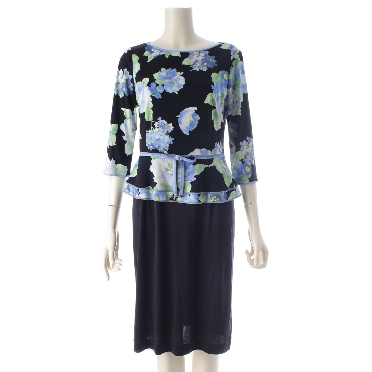 LEONARD Cancan material Peplum Ribbon Flower Patchwork one piece dress 0150210 navy multicolor 38