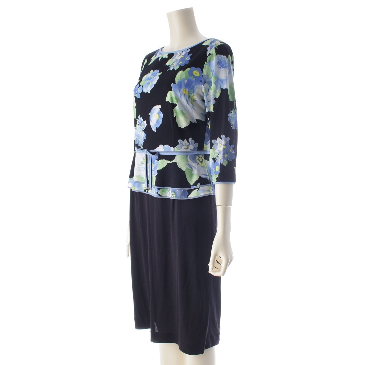 LEONARD Cancan material Peplum Ribbon Flower Patchwork one piece dress 0150210 navy multicolor 38