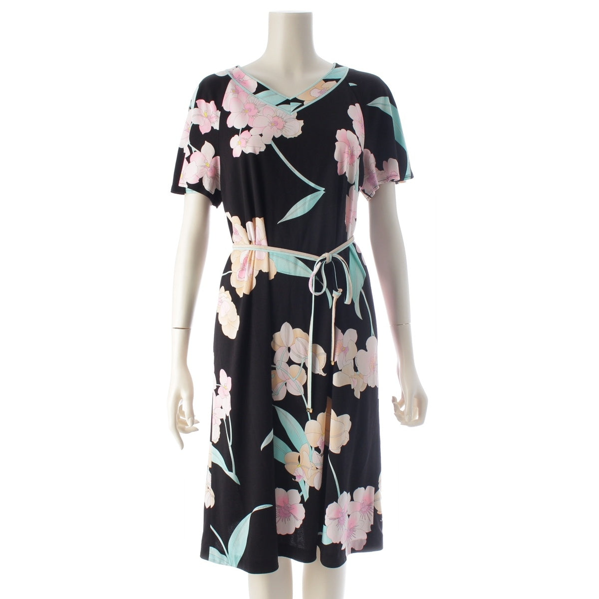 LEONARD Cancan material Floral print belt short sleeve one piece dress black multi color 40