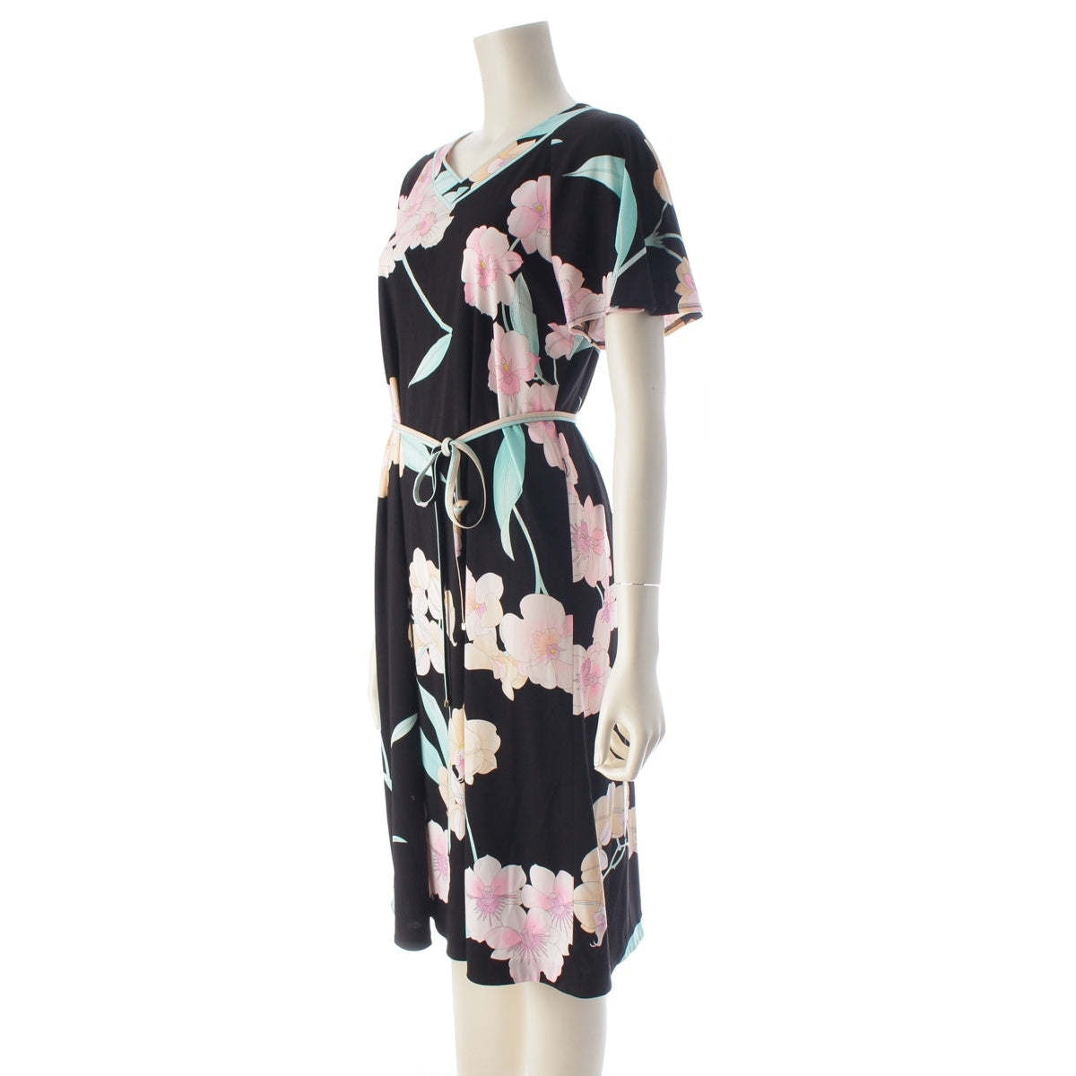 LEONARD Cancan material Floral print belt short sleeve one piece dress black multi color 40