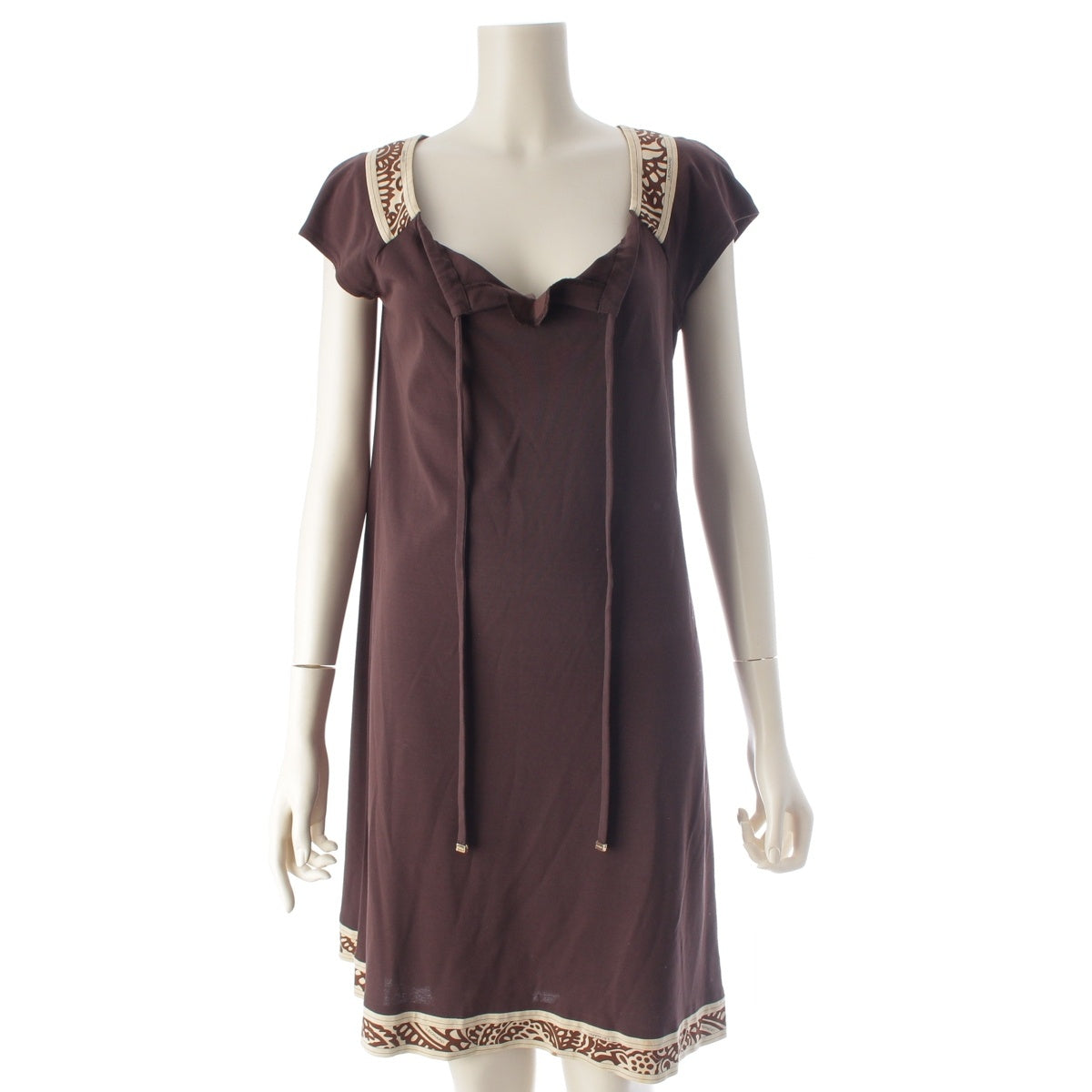 LEONARD cotton Ribbon, animal print, tape detailing, French sleeve, long dress one piece dress 0370251 Brown S