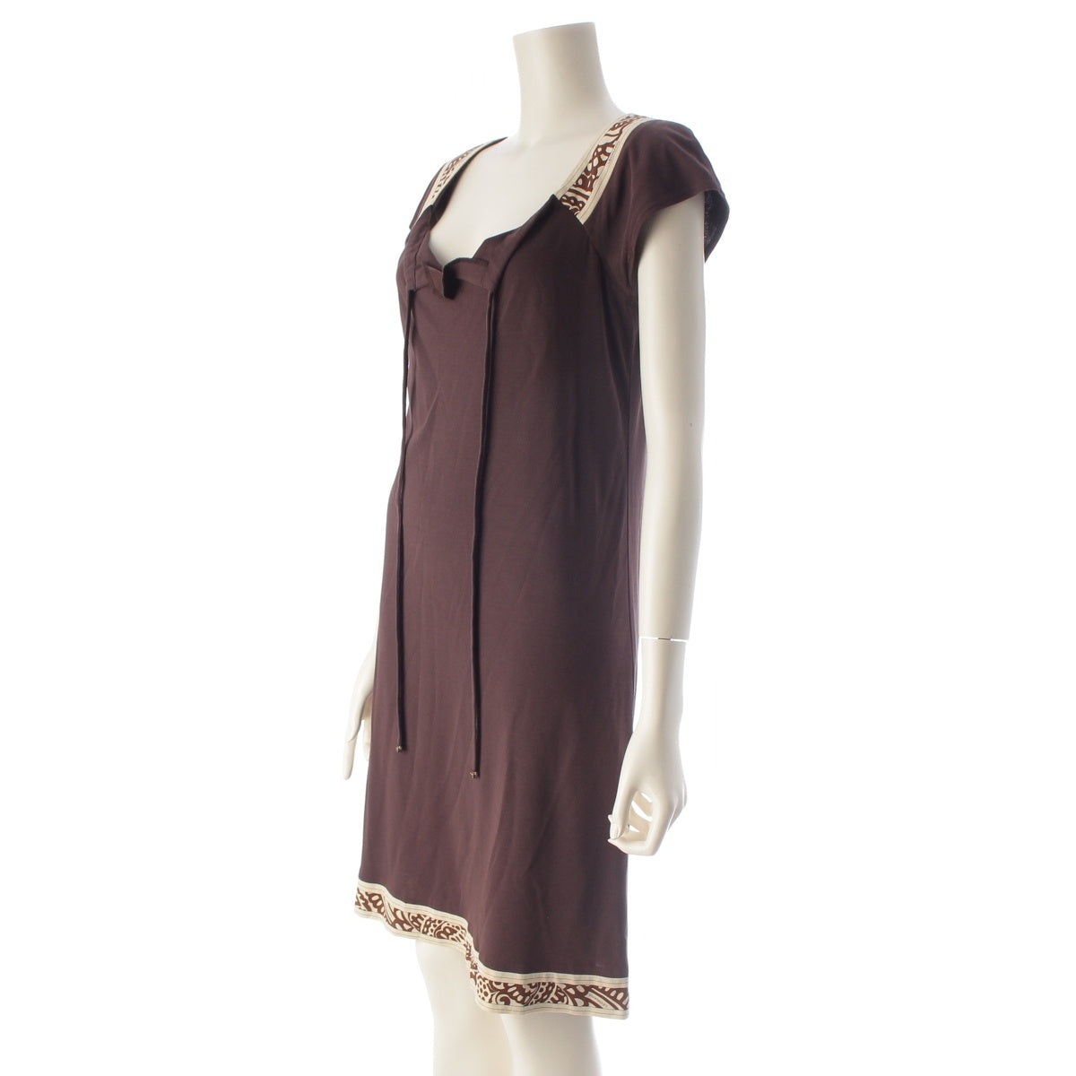 LEONARD cotton Ribbon, animal print, tape detailing, French sleeve, long dress one piece dress 0370251 Brown S