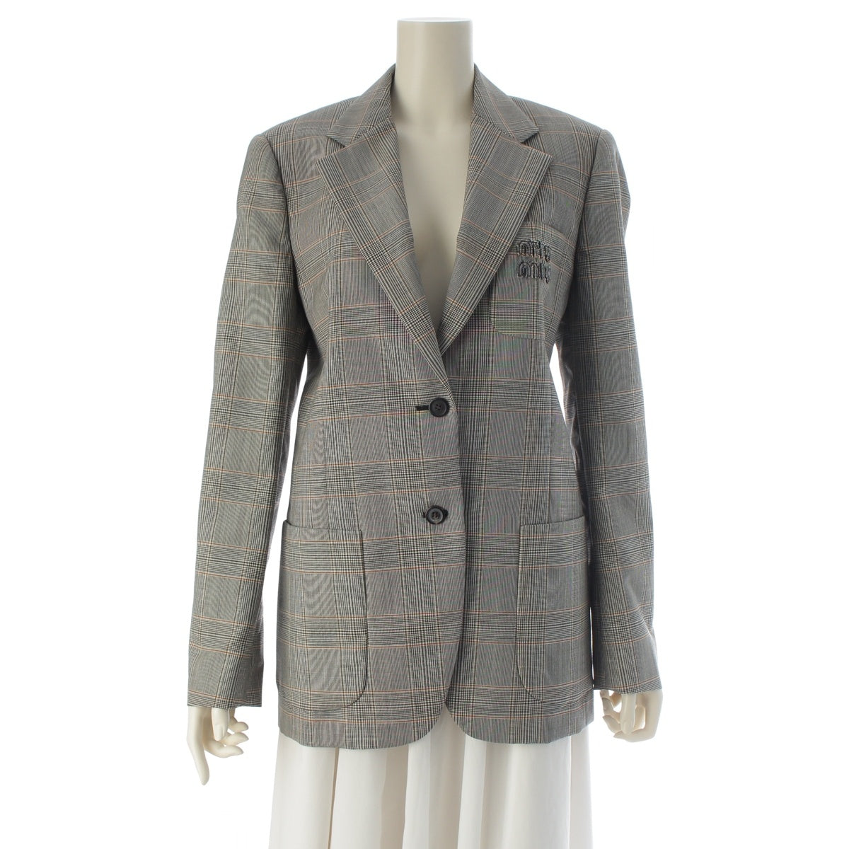 MIUMIU Logo patch, check pattern tailored jacket MH1769 gray 38