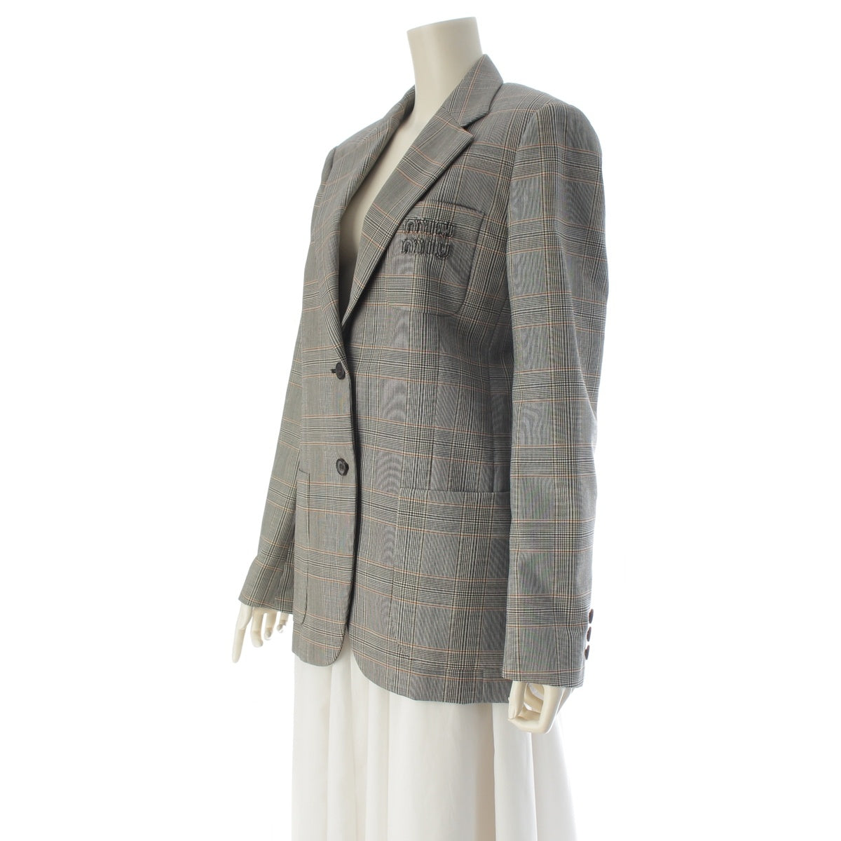 MIUMIU Logo patch, check pattern tailored jacket MH1769 gray 38