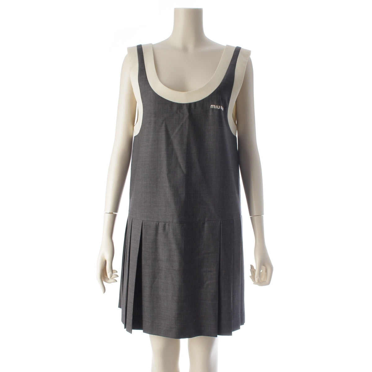 MIUMIU Virgin wool Sleeveless white trim logo grisaille mini dress one piece dress MF5647 gray 40