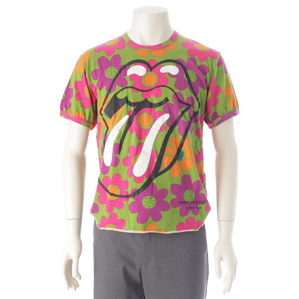 COMME des GARCONS HOMME PLUS cotton Lip & Tongue Flower Print Short Sleeve Cut PQ-T005 green M