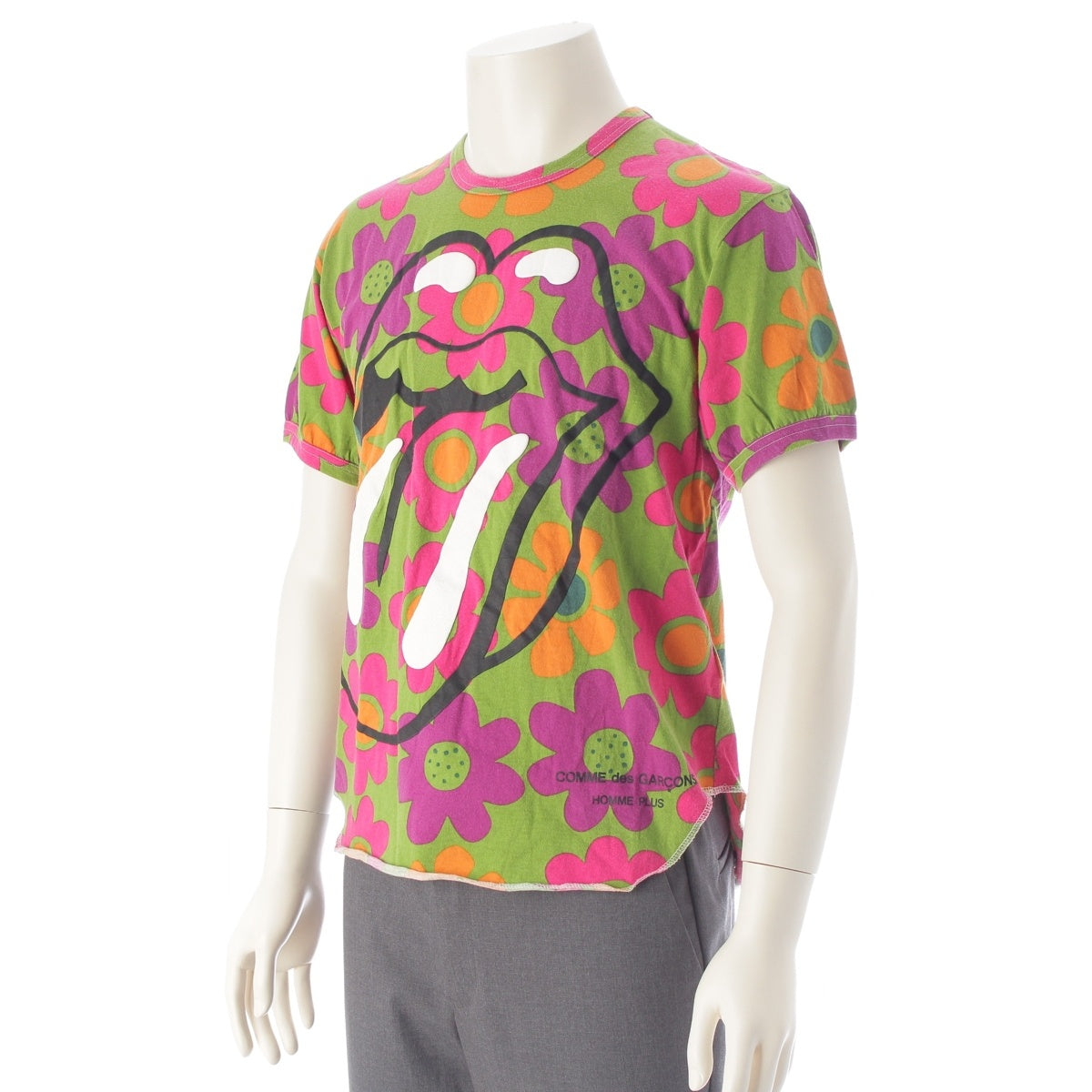 COMME des GARCONS HOMME PLUS cotton Lip & Tongue Flower Print Short Sleeve Cut PQ-T005 green M