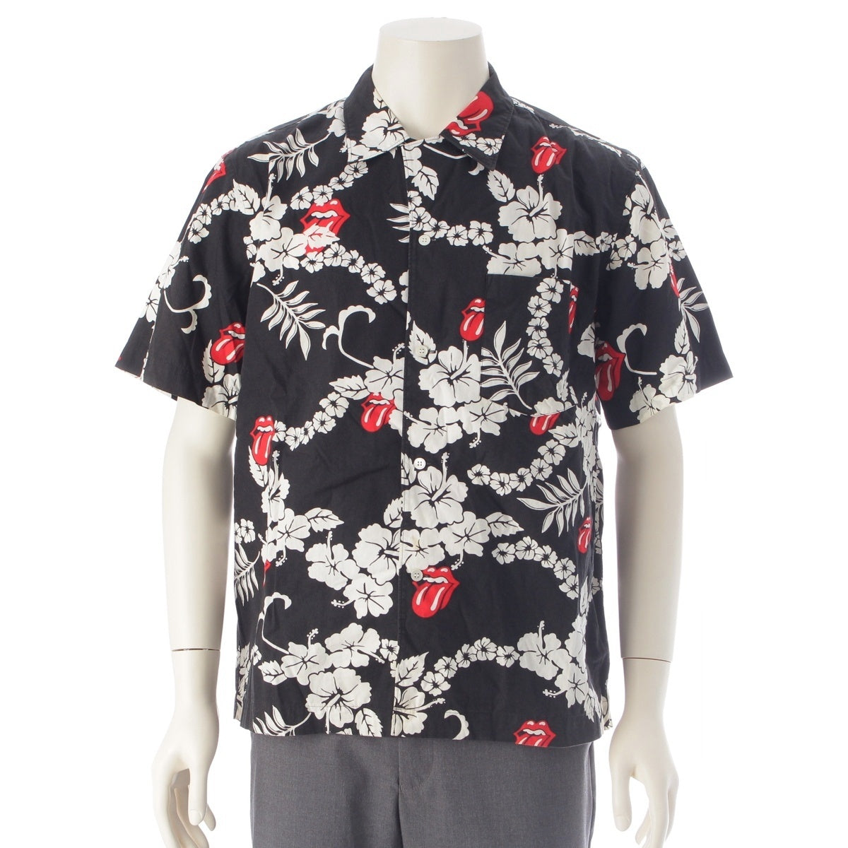 COMME des GARCONS HOMME PLUS Rolling Stones cotton Lip & Tongue Flower Short sleeve shirt tops PQ-B039 black S