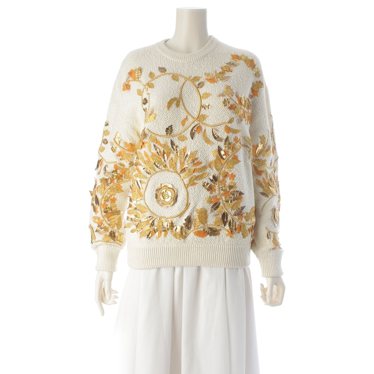CHANEL COCO Mark Camellia Embroidery sweater Knit Top P58206 Ivory 36