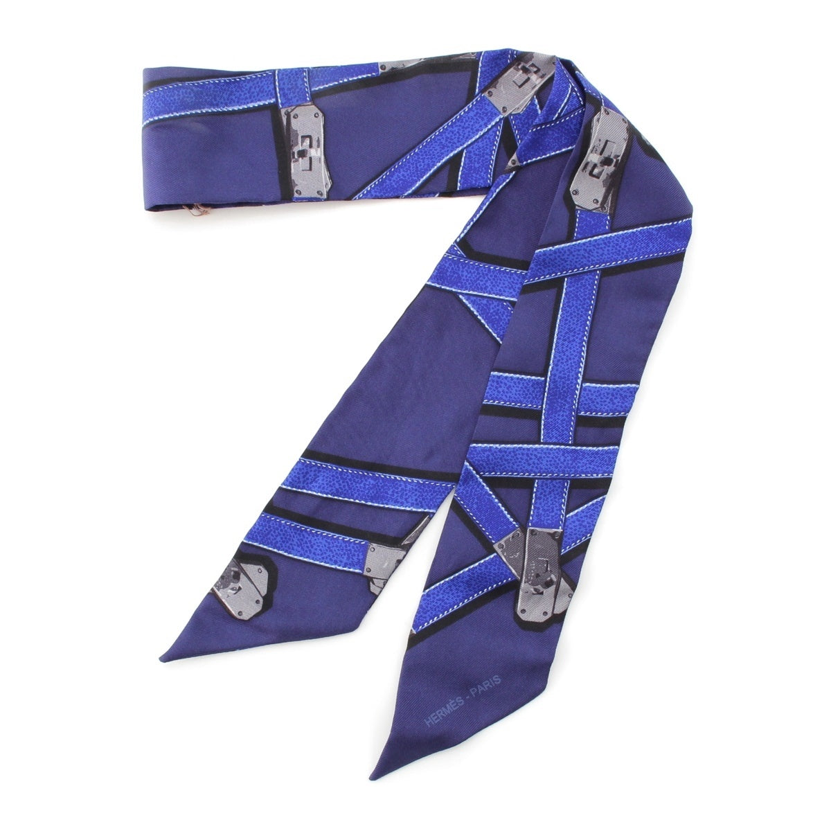 HERMES Twilly silk Kelly Metal Cloa Motif Belt Pattern scarf blue