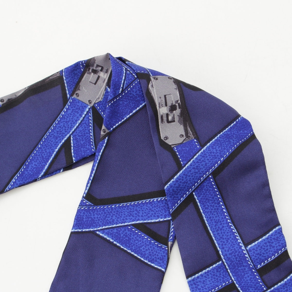 HERMES Twilly silk Kelly Metal Cloa Motif Belt Pattern scarf blue