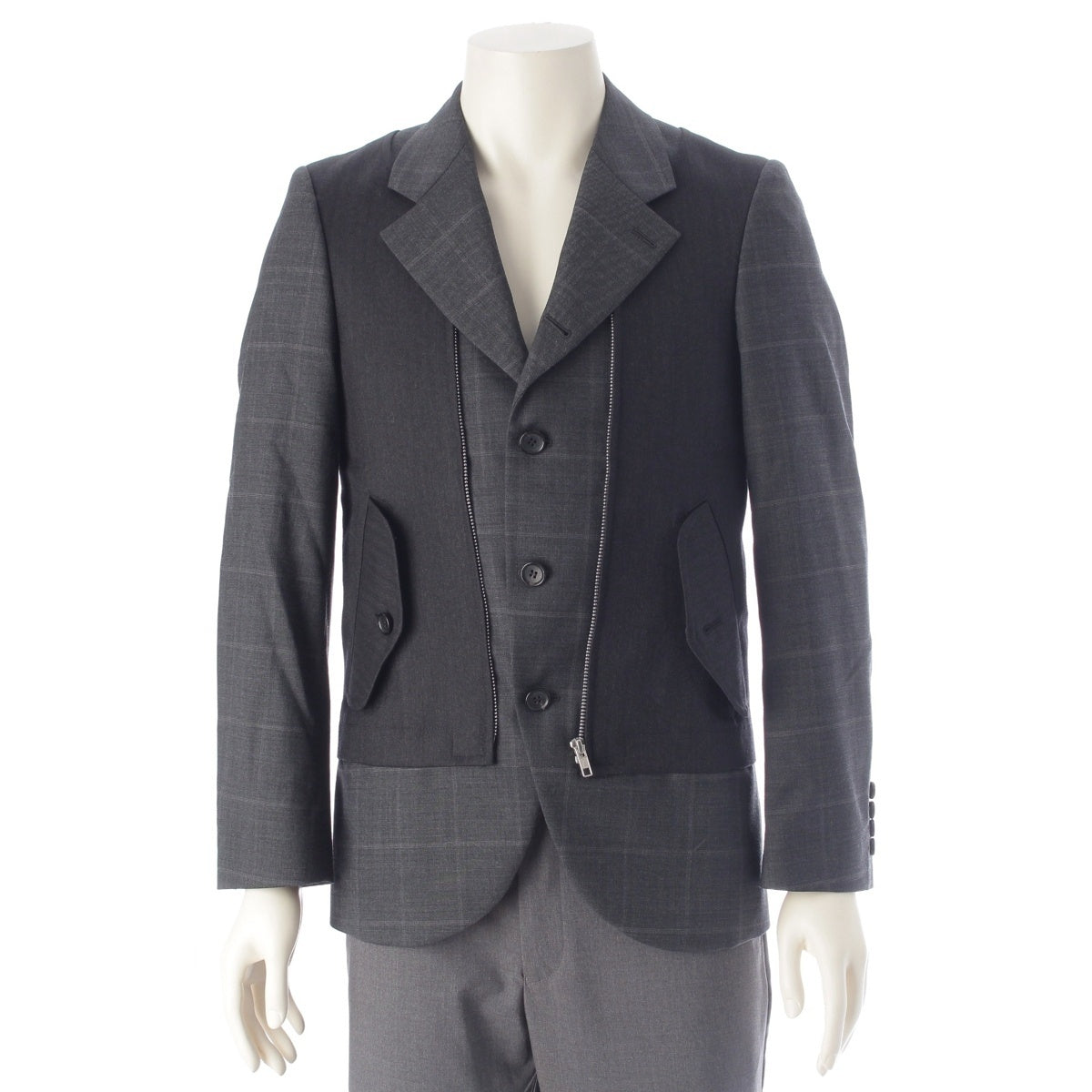 COMME des GARCONS HOMME Do Wool docking Front zip design, check pattern tailored jacket DP-J048 gray XS