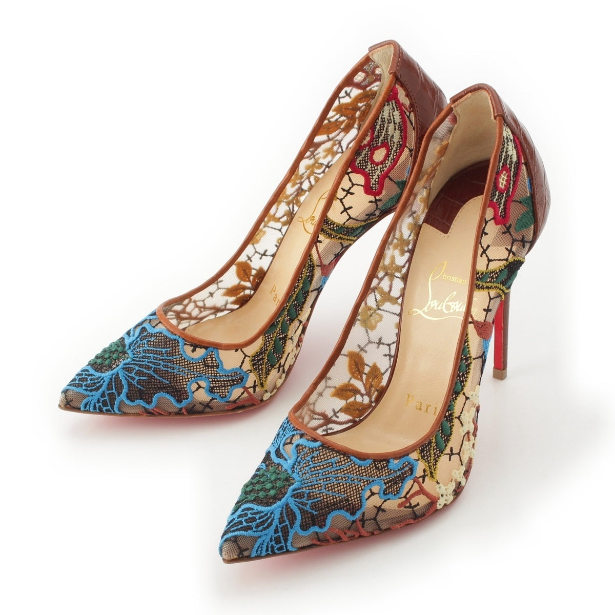 Christian Louboutin Flower lace crocodile embossed heels pumps multicolor 35 1/2