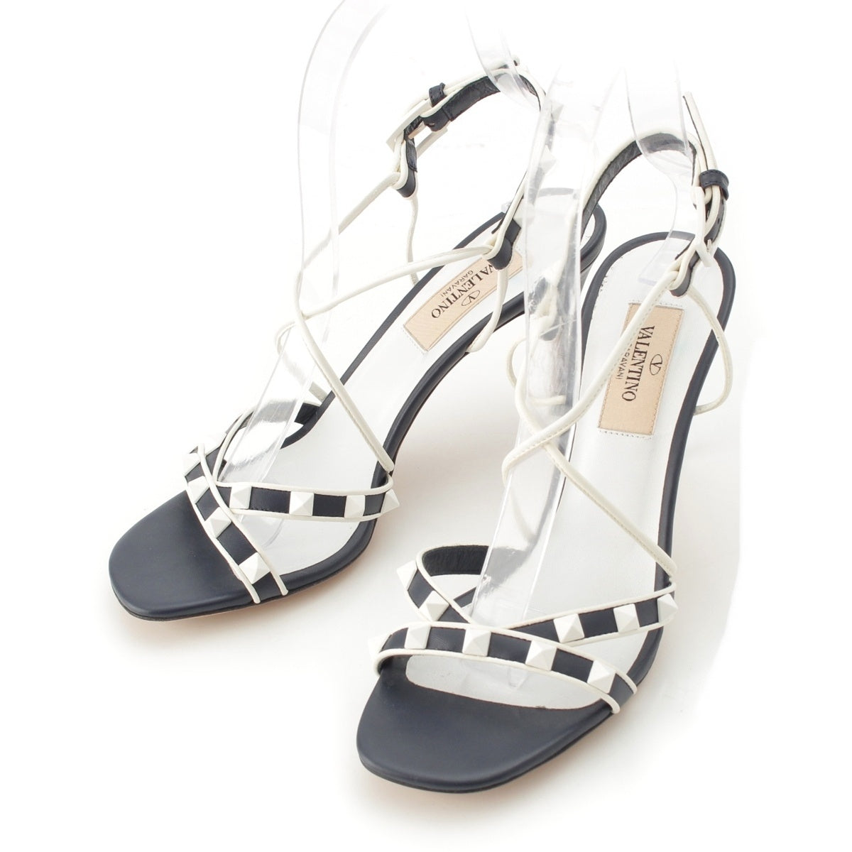 VALENTINO leather Rock stud strap Sandals Navy white 35 1/2