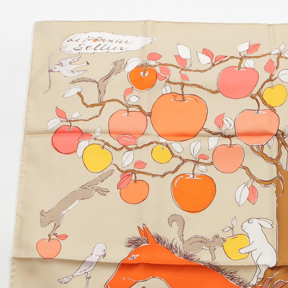 HERMES Carré 90 Le Pommier Sellier silk scarf Horse, Apple, Animal beige