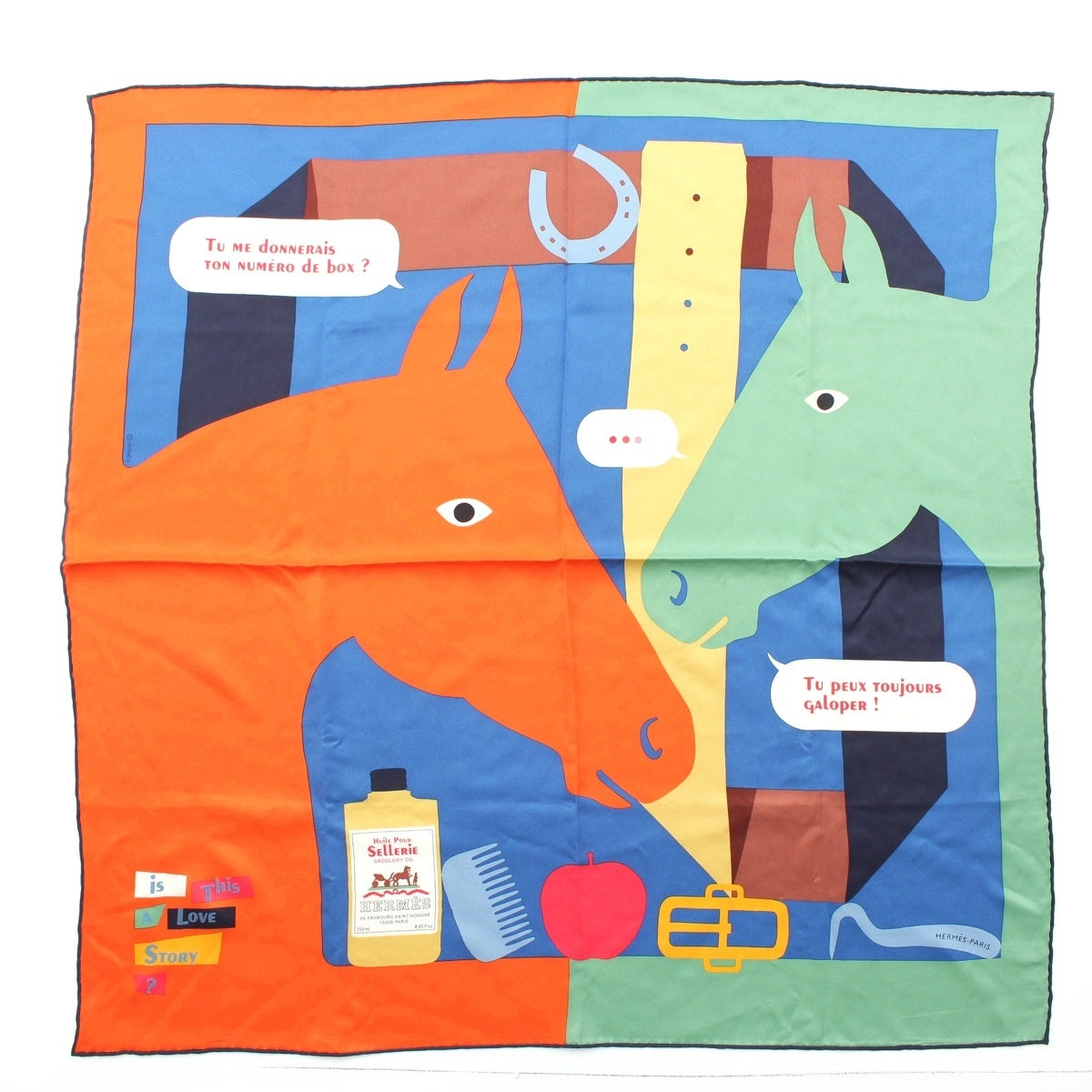 HERMES Carre 70 silk Is This a Love Story? scarf Orange x green