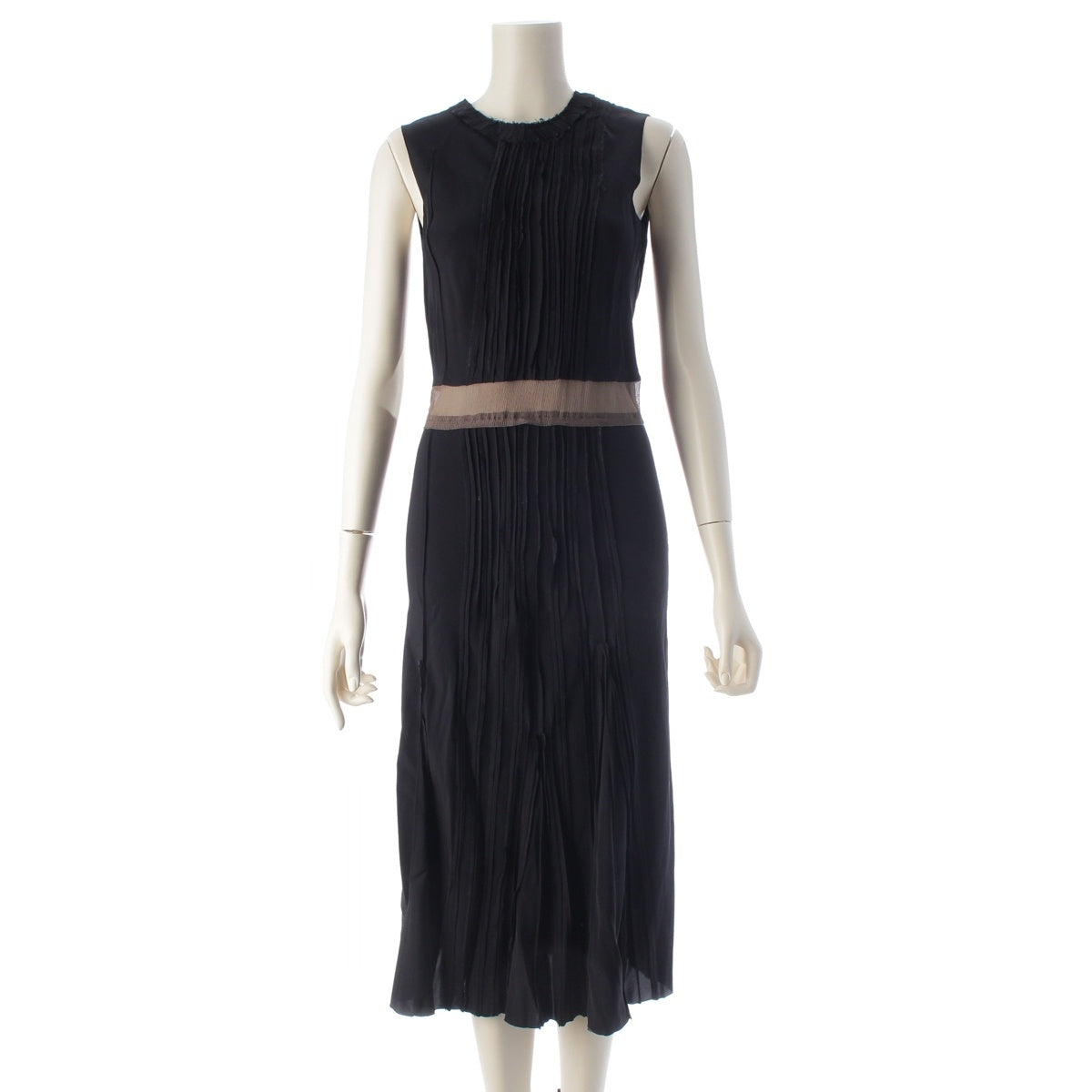 PRADA Rayon Silk Sleeveless, sheer waist panel, pleated design one piece tops Navy dark brown 38