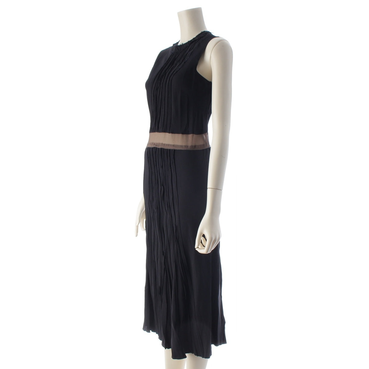 PRADA Rayon Silk Sleeveless, sheer waist panel, pleated design one piece tops Navy dark brown 38